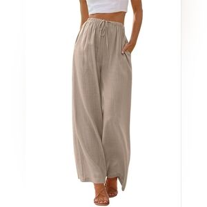 Women's Wide-Leg Drawstring Linen Pants - Beige